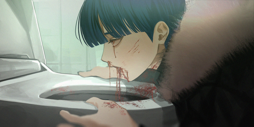 1boy blood blood_from_mouth blood_trail blue_hair blunt_bangs from_side fur-trimmed_jacket fur_trim highres holding horror_(theme) jacket kneeling leaning_forward looking_ahead male_focus nosebleed open_mouth orange_eyes original portrait riroi_(rntr_ll) short_hair solo tears tile_wall tiles toilet