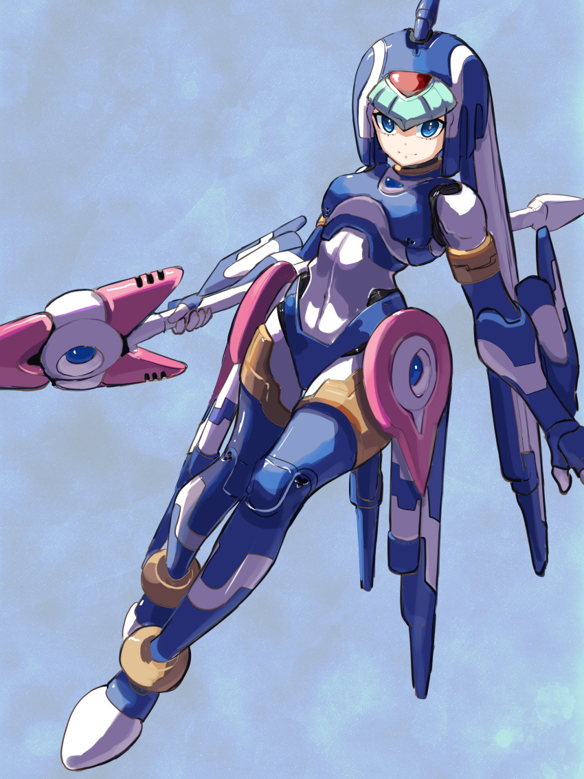 1girl absurdres adapted_costume armor blue_armor blue_background blue_eyes blue_helmet crotch_plate fairy_leviathan_(mega_man) forehead_jewel full_body highres holding holding_pole lance mega_man_(series) mega_man_zero_(series) omochi_(mochi_skymega) pole polearm sketch solo weapon