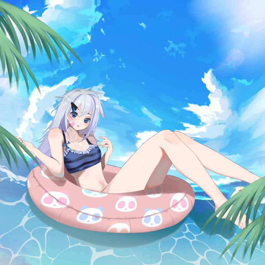 1girl alice_(sheshhhan) ball bandaid bare_legs bare_shoulders barefoot beach beachball blue_eyes blue_hair blue_sky breasts commission commissioner_upload frills hair_ornament highres long_hair looking_at_viewer multicolored_hair navel non-web_source open_mouth sky small_breasts striped_clothes swim_ring swimsuit thighs two-tone_hair white_hair yoshikazuoxii