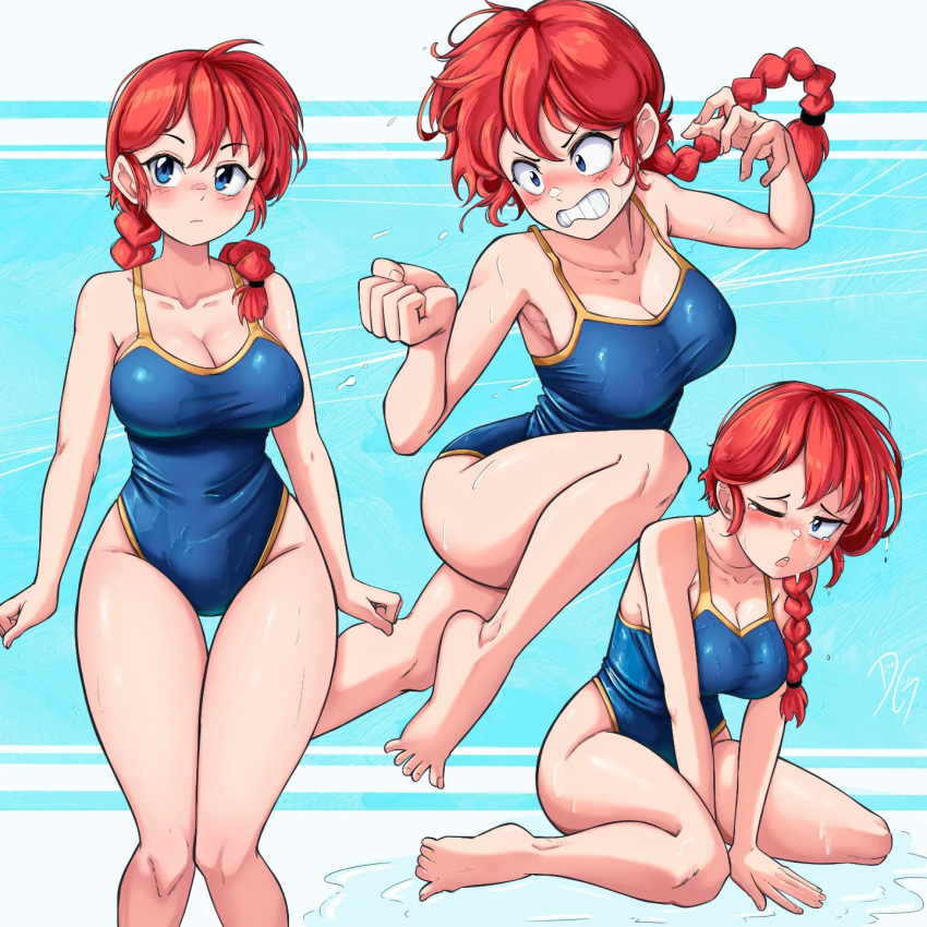 barefoot blue_eyes blue_suit blush breasts dilan_griz highres legs one-piece_swimsuit ranma-chan ranma_1/2 suit swimsuit teeth variations water wet