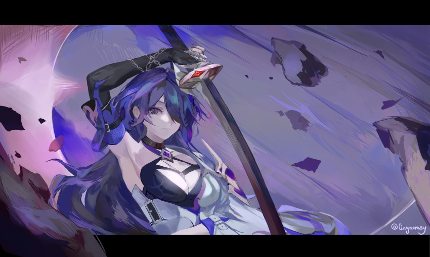 1girl acheron_(honkai:_star_rail) angnomsy arm_up armpits black_gloves commentary elbow_gloves gloves hair_over_one_eye highres holding holding_sword holding_weapon honkai:_star_rail honkai_(series) katana letterboxed long_hair looking_at_viewer purple_eyes purple_hair single_bare_shoulder solo sword upper_body very_long_hair weapon