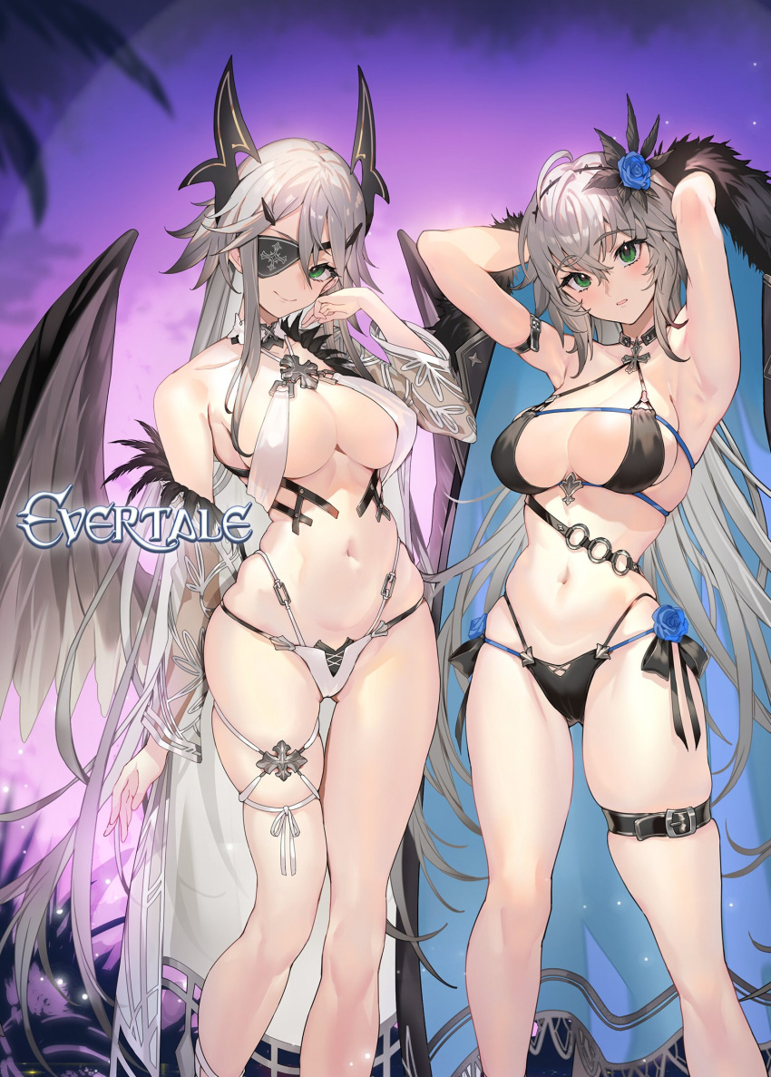 2girls ahoge armpits arms_up bare_shoulders bikini black_bikini blush breasts cape cleavage commentary_request copyright_name evertale eyepatch feather_trim feathered_wings fur_trim green_eyes grey_hair hair_ornament halterneck highres holding jeanne_d'arc_(evertale) kakage large_breasts logo long_hair low_wings mikaela_(evertale) multiple_girls navel o-ring official_art open_mouth see-through smile stomach swimsuit thigh_strap thighs twintails white_bikini wings