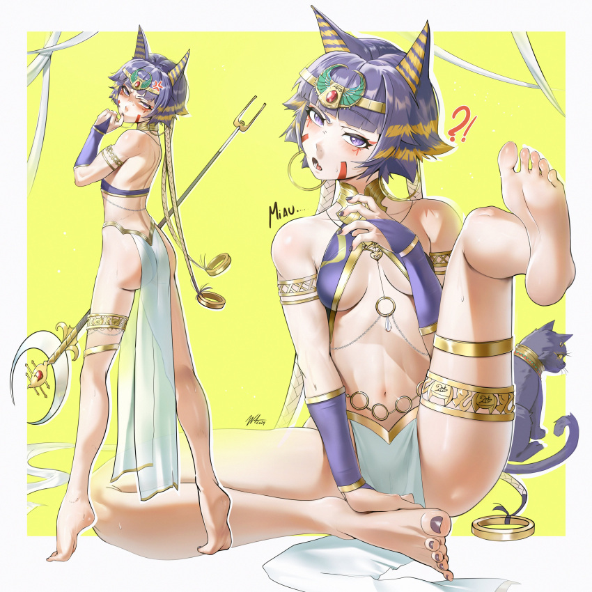 absurdres alternate_costume barefoot bleach cat egyptian_clothes highres holding nail_polish sitting sui-feng toenail_polish toenails toes waligner