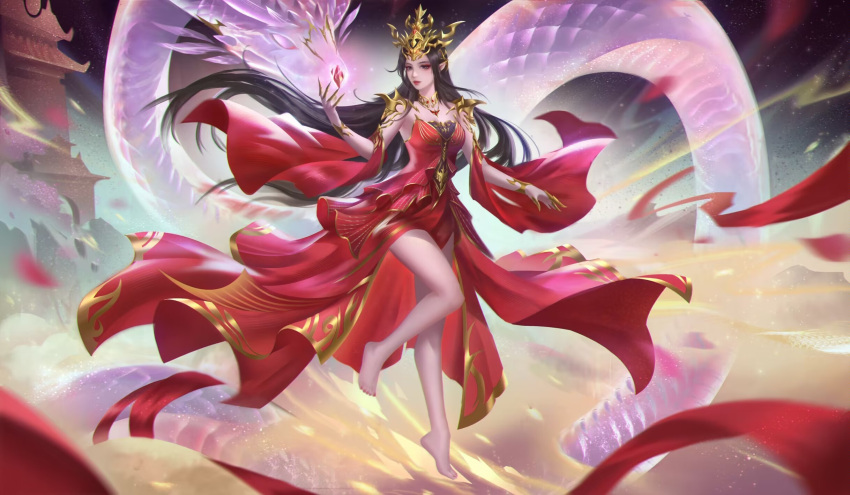 1girl bare_legs black_hair building cai_lin_(doupo_cangqiong) doupo_cangqiong dust finger_claws floating floating_hair floating_object full_body hand_up highres leg_up long_hair qie_shi_lu_ren_mo second-party_source shards snake solo tiara wristlet