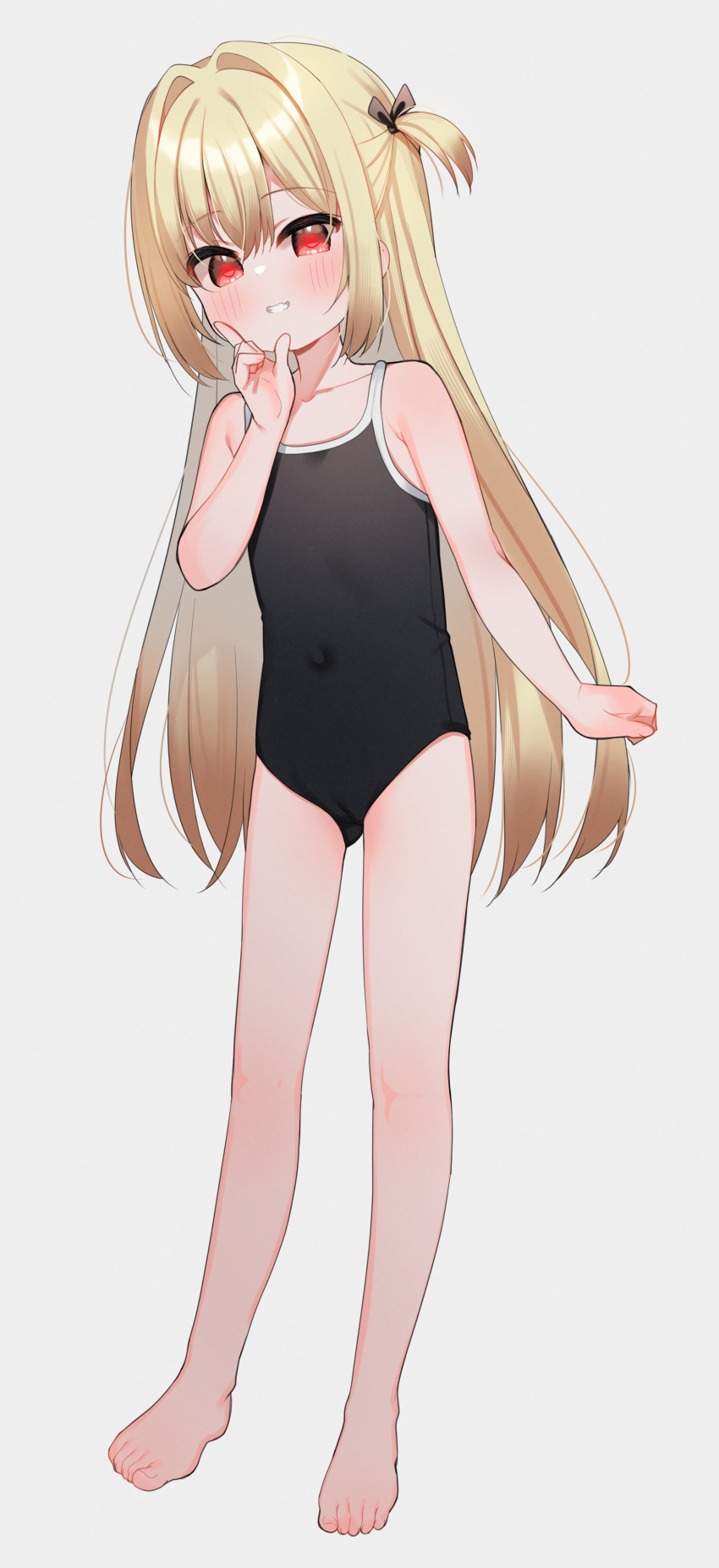 1girl absurdres ass_visible_through_thighs bare_arms bare_legs bare_shoulders barefoot black_one-piece_swimsuit blonde_hair blush cameltoe collarbone covered_navel fang full_body grey_background grin hair_between_eyes hair_intakes hand_up highres index_finger_raised long_hair looking_at_viewer meito_(maze) one-piece_swimsuit one_side_up original red_eyes simple_background smile solo standing swimsuit very_long_hair