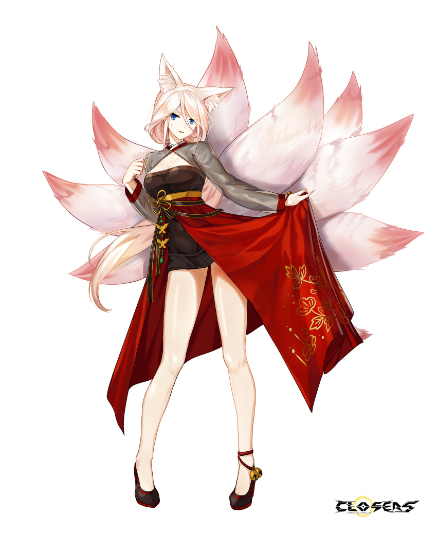1girl absurdres alternate_hair_color animal_ear_fluff animal_ears ankle_bell black_dress black_footwear blue_eyes breasts cleavage cleavage_cutout closers clothing_cutout copyright_name dress embarrassed fingernails fox_ears fox_girl fox_tail full_body hand_up high_heels highres kitsune kyuubi large_breasts layered_dress legs_apart logo long_fingernails long_hair long_sleeves looking_at_viewer low_ponytail multiple_tails official_art open_mouth overskirt pigeon-toed pink_tail red_dress see-through see-through_sleeves skirt_hold solo standing sweat tachi-e tail two-tone_dress violet_(closers) wedge_heels white_background white_hair