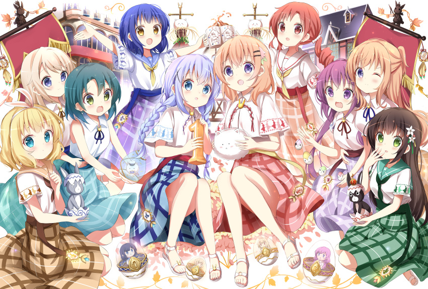 6+girls :d absurdres angora_rabbit animal anko_(gochiusa) aoyama_blue_mountain bare_arms bare_shoulders black_hair blonde_hair blue_eyes blue_hair blue_ribbon blue_skirt blush braid brown_eyes brown_hair brown_neckerchief brown_ribbon brown_sailor_collar brown_skirt character_request collared_shirt commentary_request cup drill_hair flower fuiba_fuyu gochuumon_wa_usagi_desu_ka? green_eyes green_hair green_skirt hair_flower hair_ornament hairclip highres holding holding_animal holding_cup hoto_cocoa hoto_mocha jinja_eru jinja_natsume jouga_maya kafuu_chino karede_yura kirima_syaro light_brown_hair long_hair low_twintails matching_outfits mate_rin mug multiple_girls natsu_megumi neck_ribbon neckerchief parted_bangs pink_skirt plaid plaid_skirt purple_eyes purple_hair purple_skirt rabbit red_eyes red_hair ribbon sailor_collar shirt short_sleeves skirt sleeveless sleeveless_shirt smile stick_jitb tedeza_rize tippy_(gochiusa) toasting_(gesture) twin_braids twin_drills twintails ujimatsu_chiya very_long_hair white_flower white_shirt wide_sleeves wild_geese