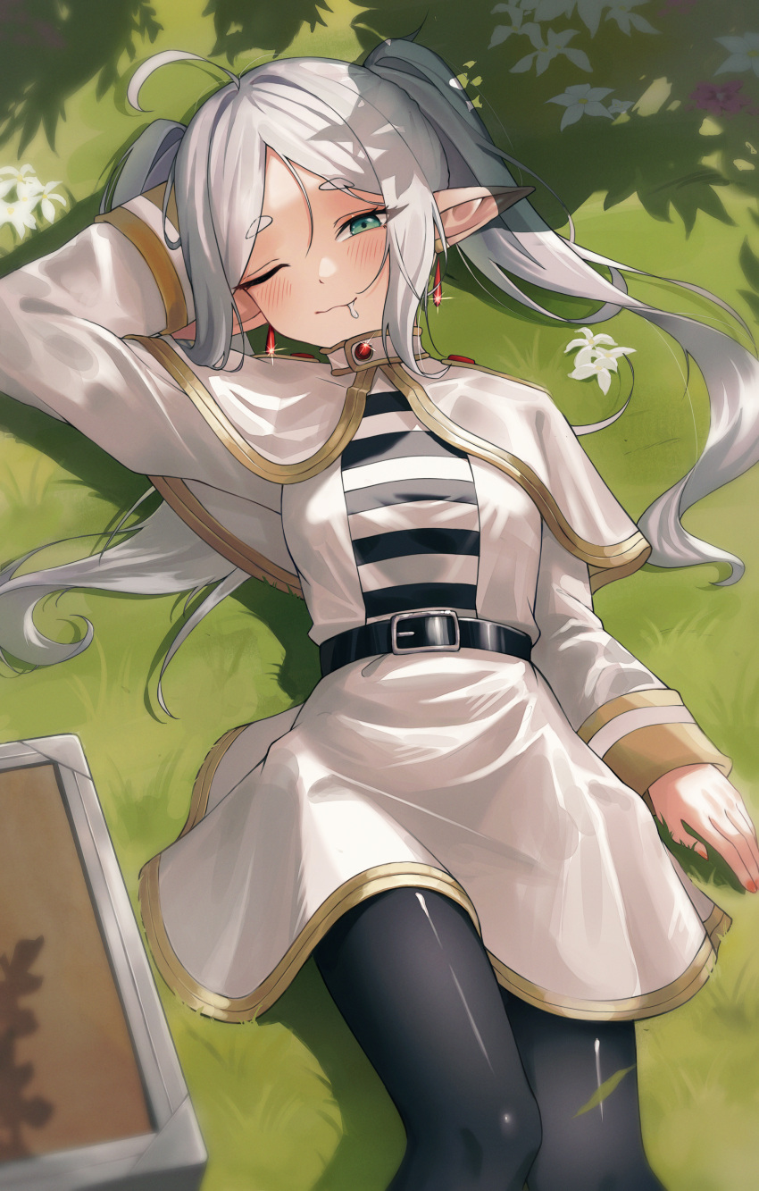 1girl :3 absurdres ahoge black_pantyhose capelet closed_mouth drooling earrings elf flower frieren grass highres jewelry long_hair lying nail_polish on_back on_grass one_eye_closed pantyhose pink_nails pointy_ears saliva shade shj1998z smile sousou_no_frieren twintails waking_up whiote_dress white_capelet white_hair