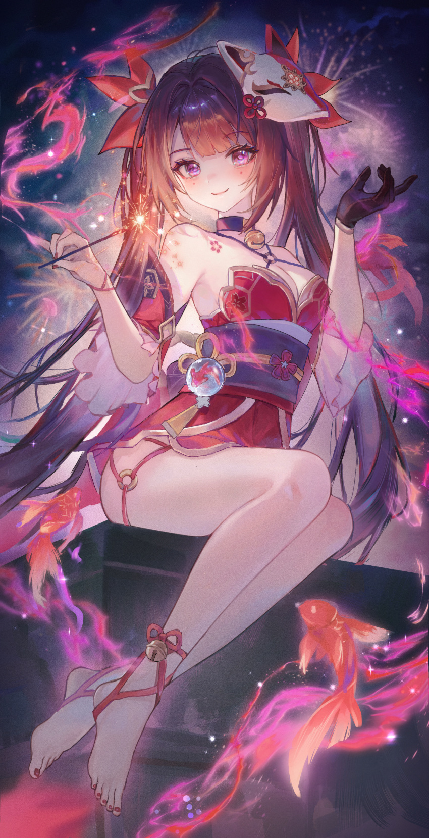 1girl absurdres bare_shoulders barefoot bei_(beiziya2333) bell black_choker black_gloves breasts brown_hair choker cleavage closed_mouth commentary_request detached_sleeves dress fireworks fish fish_tattoo fox_mask full_body gloves hands_up highres holding_fireworks honkai:_star_rail honkai_(series) long_hair looking_at_viewer mask mask_on_head nail_polish neck_bell night obi pink_eyes red_dress red_nails red_sleeves sash single_glove sitting smile solo sparkle_(honkai:_star_rail) sparkler tattoo toenail_polish toenails twintails very_long_hair