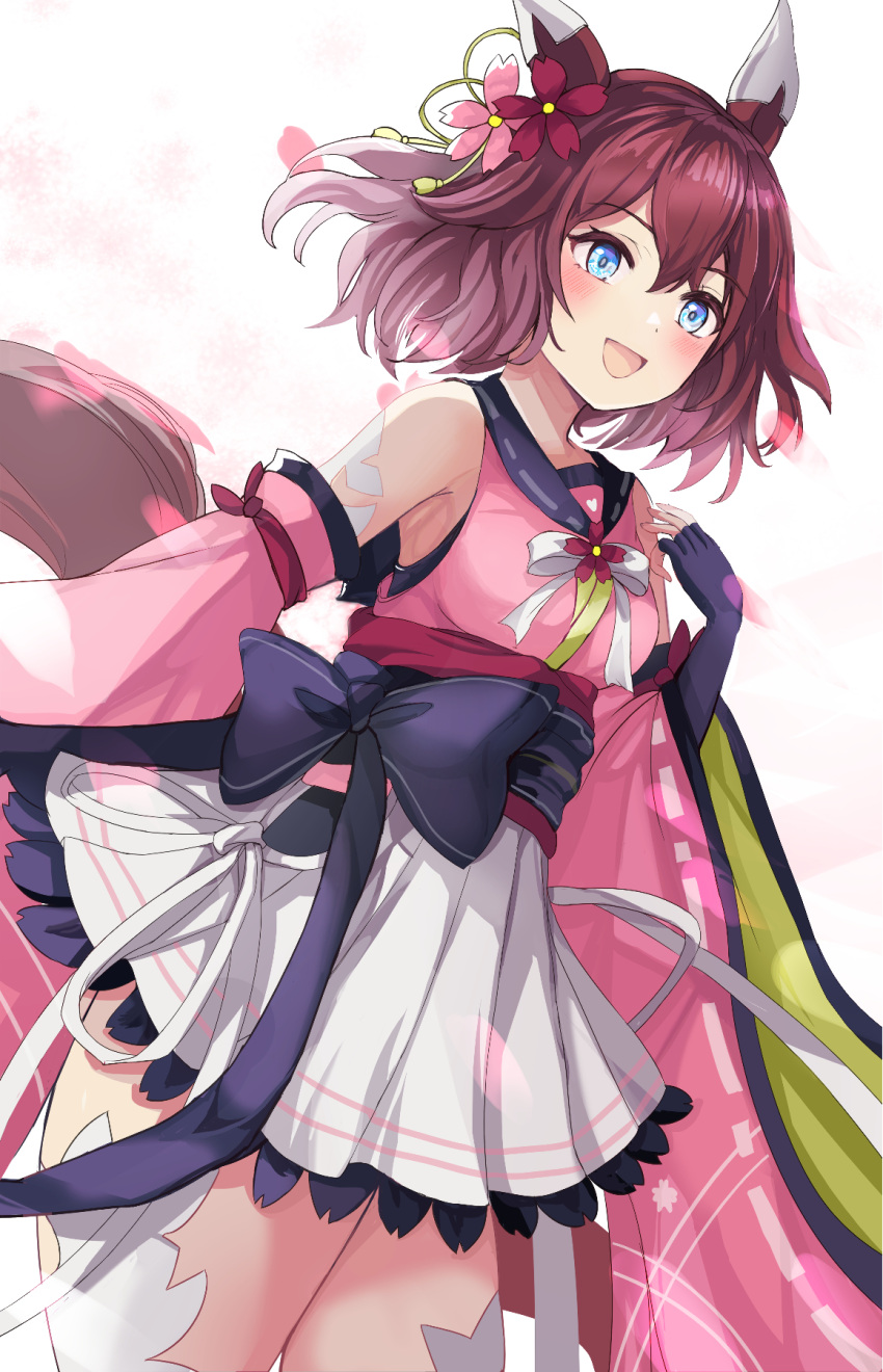 1girl animal_ears black_bow black_gloves blue_eyes blush bow breasts brown_hair commentary_request cowboy_shot detached_sleeves ear_covers elbow_gloves fingerless_gloves flower gloves hair_flower hair_ornament hanamura_pink high-waist_skirt highres horse_ears horse_girl japanese_clothes long_sleeves looking_at_viewer medium_breasts obi open_mouth pink_flower pleated_skirt sakura_chiyono_o_(umamusume) sash short_hair sideboob simple_background skirt solo umamusume white_background white_skirt wide_sleeves