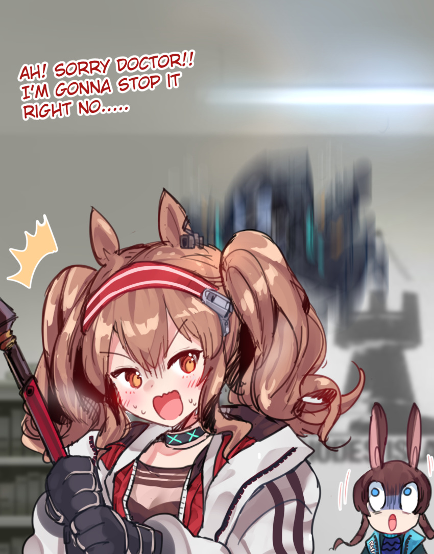 /\/\/\ 1other 2girls amiya_(arknights) angelina_(arknights) animal_ears arknights bangs black_choker black_gloves black_jacket blue_eyes blurry blurry_background blush brown_eyes brown_hair bunny_ears choker commentary doctor_(arknights) eyebrows_visible_through_hair fox_ears gloves hairband highres holding holding_staff hood hooded_jacket indoors jacket long_hair looking_up motion_blur multiple_girls open_clothes open_jacket open_mouth rayno red_hairband shirt staff turn_pale twintails upper_body v-shaped_eyebrows white_jacket