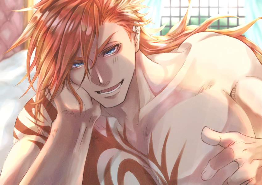 1boy bed blue_eyes chest_tattoo chinenkun close-up collarbone hand_on_own_cheek hand_on_own_face heracles_(shuumatsu_no_valkyrie) highres long_hair looking_at_viewer lower_teeth_only male_focus muscular muscular_male open_mouth orange_hair pectorals shuumatsu_no_valkyrie solo sunlight tattoo teeth topless_male window