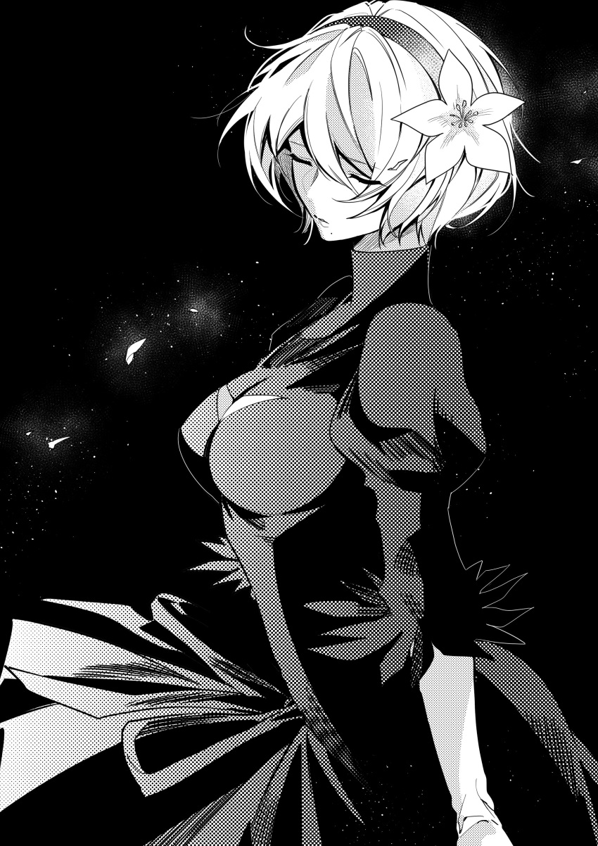 1girl 2b_(nier:automata) absurdres breasts cleavage_cutout closed_eyes closed_mouth clothing_cutout dress flower greyscale hair_flower hair_ornament hairband highres illust_mi long_sleeves lunar medium_breasts mole mole_under_mouth monochrome nier:automata nier_(series) petals puffy_sleeves short_hair solo turtleneck