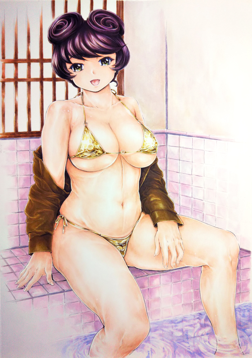 1girl absurdres bikini breasts brown_hair brown_jacket commentary_request girls_und_panzer green_eyes hair_rings halterneck highres hosomi_shizuko jacket kyoushanarita large_breasts long_sleeves looking_at_viewer navel off_shoulder onsen open_clothes open_jacket open_mouth partial_commentary side-tie_bikini_bottom sitting smile soaking_feet solo swimsuit water yellow_bikini