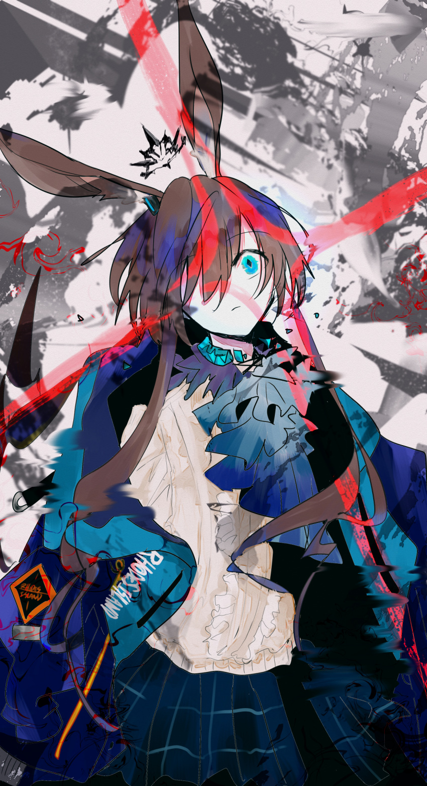 1girl abstract_background amiya_(arknights) animal_ears arknights ascot blue_ascot blue_coat blue_collar blue_eyes blue_skirt broken_collar brown_hair closed_mouth coat collar commentary cowboy_shot diffraction_spikes distortion empty_eyes floating_crown grey_background hair_over_one_eye hair_over_shoulder head_tilt highres hotananu infection_monitor_(arknights) long_hair long_sleeves looking_at_viewer low_ponytail off_shoulder one_eye_covered open_clothes open_coat plaid plaid_skirt pleated_skirt rabbit_ears shirt skirt solo standing white_shirt