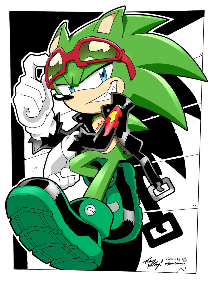 1boy adjusting_eyewear black_jacket blue_eyes collaboration eggtoastdraws furry furry_male gloves green_fur grin highres jacket looking_at_viewer monochrome_background open_clothes open_jacket red-framed_eyewear scourge_the_hedgehog shoes signature smile solo sonic_(series) sonic_the_hedgehog_(archie_comics) sunglasses teeth tracy_yardley white_gloves