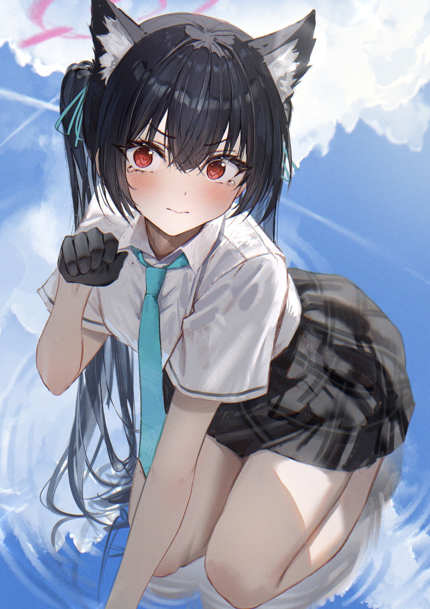 1girl @_@ absurdres animal_ear_fluff animal_ears aqua_necktie aqua_ribbon black_gloves black_hair black_skirt blue_archive cat_ears closed_mouth collar collared_shirt gloves hair_ribbon halo hidulume highres kneeling long_hair looking_at_viewer necktie paw_pose red_eyes ribbon school_uniform serika_(blue_archive) shirt short_sleeves skirt solo tearing_up twintails white_collar white_shirt