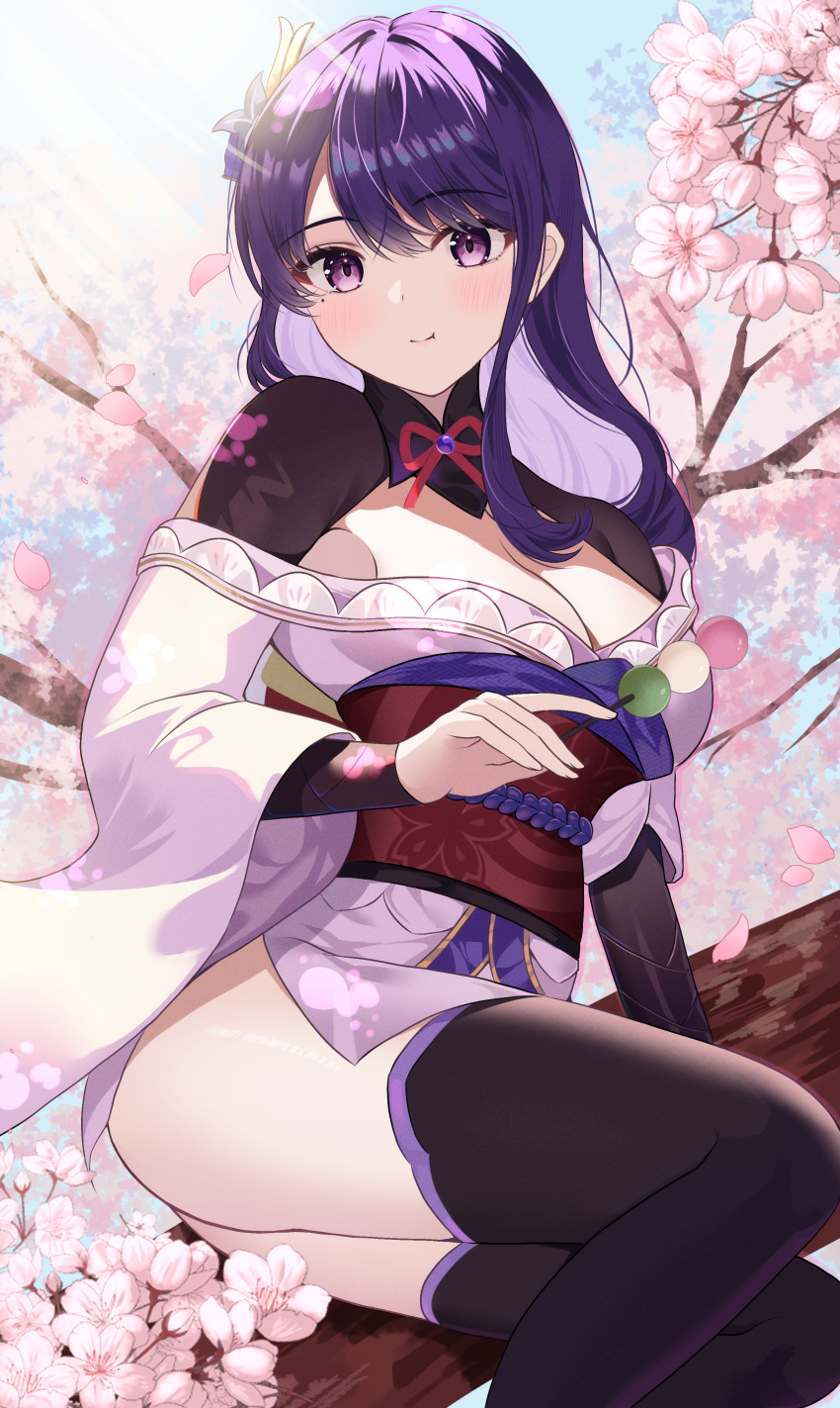 1girl :t absurdres ass black_thighhighs blue_sky breasts cherry_blossoms cleavage closed_mouth commentary_request dango feet_out_of_frame food genshin_impact highres holding holding_skewer in_tree japanese_clothes kimono long_hair looking_at_viewer outdoors pink_kimono purple_eyes purple_hair raiden_shogun rererere_mon shrug_(clothing) sitting sitting_in_tree skewer sky solo thighhighs tree wagashi