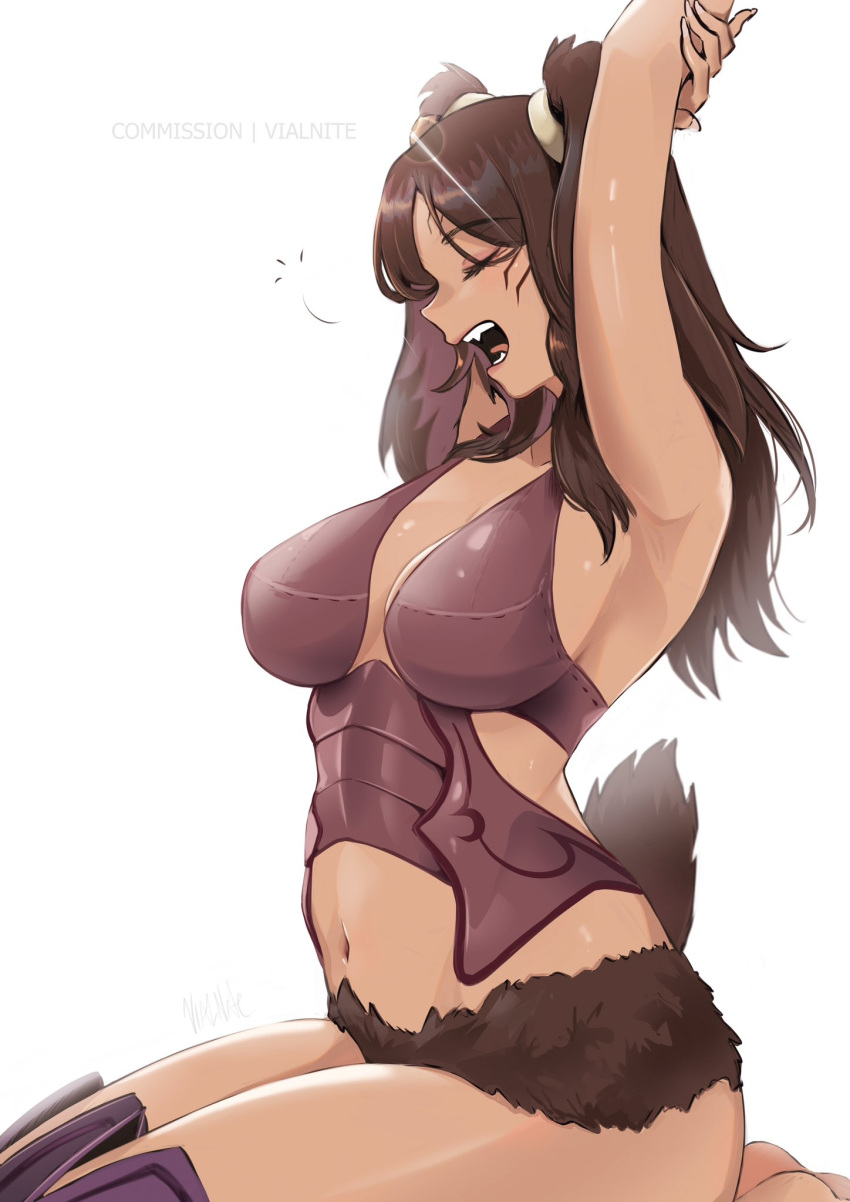 1girl animal_ears armor barefoot breasts brown_fur closed_eyes commission dark-skinned_female dark_skin facial_mark feet_out_of_frame fire_emblem fire_emblem_awakening highres large_breasts navel open_mouth panne_(fire_emblem) purple_armor rabbit_ears rabbit_girl rabbit_tail stretching taguel tail twintails vialnite