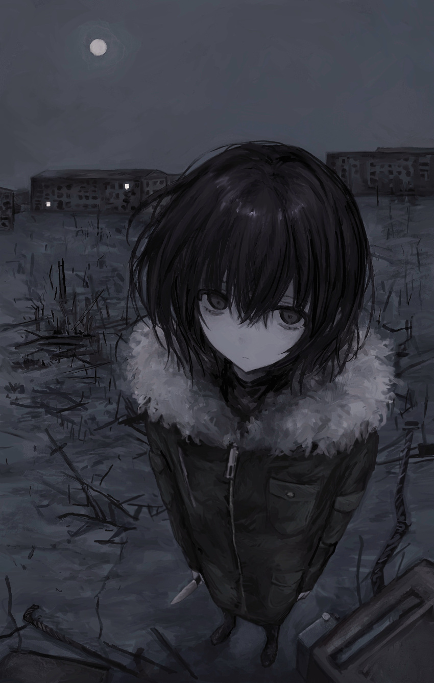 1girl absurdres black_hair breast_pocket building chan8016 closed_mouth coat empty_eyes field foreshortening from_above full_body full_moon fur-trimmed_coat fur_trim grey_theme highres holding holding_knife knife long_sleeves looking_at_viewer looking_up messy_hair moon muted_color night original outdoors pale_skin pocket short_hair solo standing zipper zipper_pull_tab