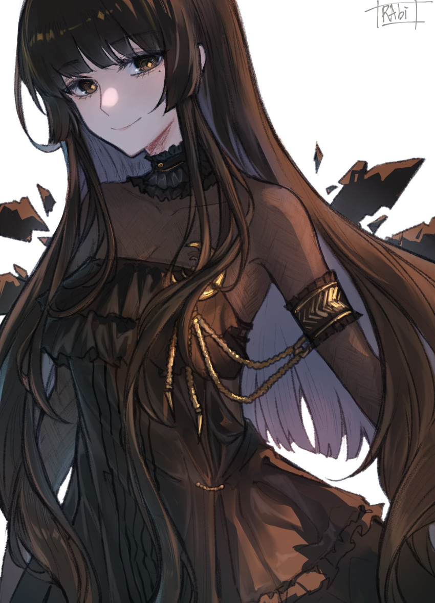 1girl ambience_synesthesia arknights armband armpit_crease artist_name backlighting black_armband black_choker black_dress black_hair black_wings blue_hair breasts brown_eyes choker cleavage closed_mouth collarbone colored_inner_hair commentary detached_wings diamond-shaped_pupils diamond_(shape) dress energy_wings frilled_armband frilled_choker frilled_dress frills from_side hair_flowing_over hatching_(texture) highres jelly_rabi linear_hatching long_hair long_sleeves looking_at_viewer looking_to_the_side mole mole_under_eye multicolored_hair official_alternate_costume see-through see-through_cleavage see-through_dress shade sidelocks signature simple_background small_breasts smile solo standing straight_hair symbol-only_commentary symbol-shaped_pupils two-tone_hair upper_body very_long_hair virtuosa_(arknights) white_background wings yellow_pupils