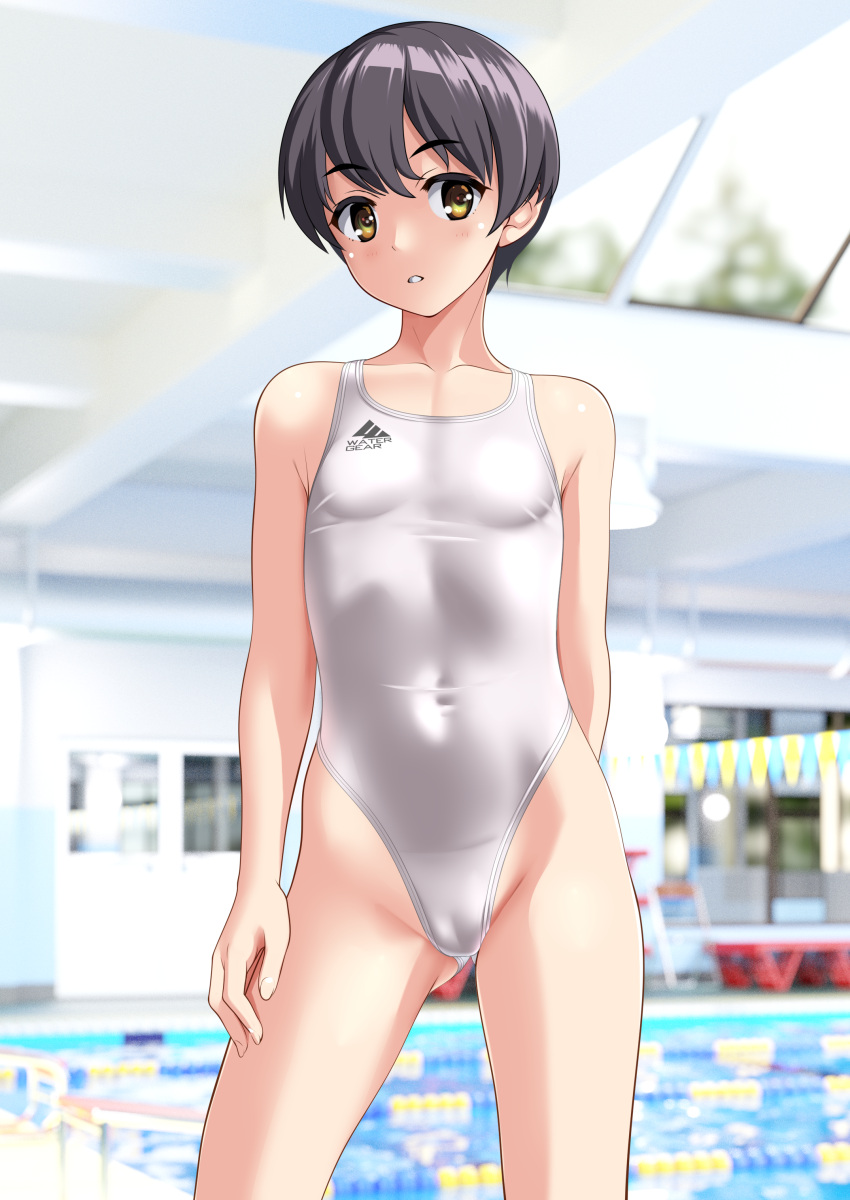 1girl absurdres black_hair breasts brown_eyes cameltoe commentary_request competition_swimsuit covered_navel cowboy_shot highleg highleg_swimsuit highres indoors lane_line one-piece_swimsuit original parted_lips pool short_hair small_breasts solo standing string_of_flags swimsuit takafumi tomboy variant_set white_one-piece_swimsuit