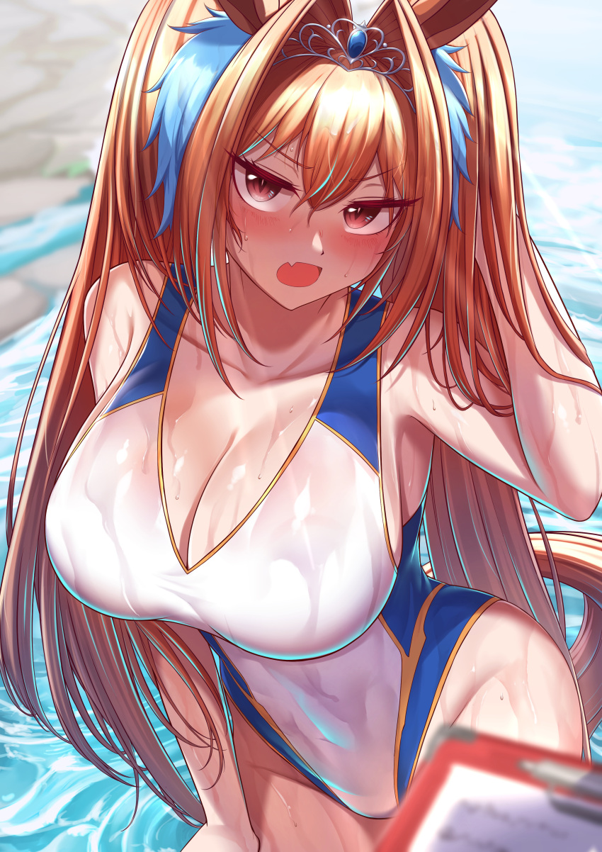 1girl absurdres animal_ears bare_shoulders blush breasts brown_hair cleavage competition_swimsuit daiwa_scarlet_(umamusume) fang gold_trim hair_between_eyes hair_intakes hand_in_own_hair highleg highleg_swimsuit highres horse_ears horse_girl horse_tail large_breasts long_hair looking_at_viewer one-piece_swimsuit open_mouth red_eyes same_kujira_(challenger_310) skin_fang solo swimsuit tail tiara twintails two-tone_swimsuit umamusume very_long_hair water wet