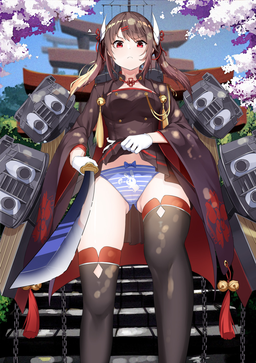 1girl animal_print ass_visible_through_thighs azur_lane bangs black_legwear black_skirt blue_panties bow bow_panties brown_hair buhualuo bunny_print cameltoe cherry_blossoms chinese_commentary closed_mouth commentary_request double-breasted dutch_angle from_below frown gloves hair_ornament hairclip haruna_(azur_lane) highres holding holding_sword holding_weapon horns japanese_clothes katana kimono legs_apart lifted_by_self long_sleeves looking_at_viewer panties pantyshot pleated_skirt red_eyes rigging skirt skirt_lift solo stairs standing stone_stairs striped striped_panties sword thigh_gap thighhighs torii underwear v-shaped_eyebrows weapon white_gloves white_panties wide_sleeves