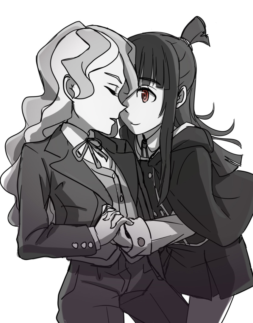 2girls closed_eyes couple diana_cavendish frown happy highres kagari_atsuko little_witch_academia long_hair looking_at_another macartura08 monochrome multiple_girls red_eyes school_uniform simple_background skirt smile uniform wavy_hair white_background yuri