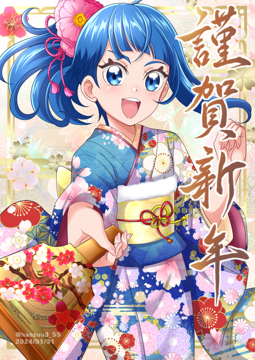 1girl :d blue_eyes blue_hair blue_kimono blunt_bangs commentary dated floating_hair floral_print flower hair_flower hair_ornament hanzou happy_new_year highres hirogaru_sky!_precure holding japanese_clothes kimono long_hair long_sleeves looking_at_viewer nengajou new_year open_mouth pink_flower ponytail precure print_kimono smile solo sora_harewataru standing translated twitter_username watermark wide_sleeves