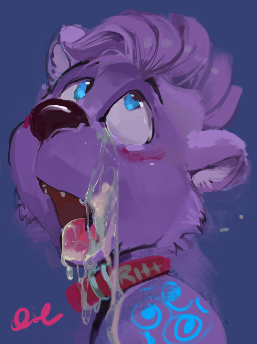 absurd_res anthro blue_background blue_eyes blue_markings blush bodily_fluids bust_portrait cheek_tuft collar cum cum_on_face cum_on_tongue facial_tuft fur genital_fluids hair hi_res looking_up male markings open_mouth oselotti portrait purple_body purple_fur purple_hair red_collar signature simple_background solo tongue tongue_out tuft