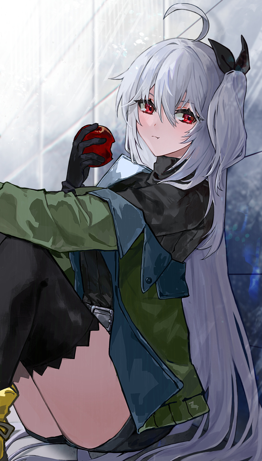 1girl absurdres against_wall ahoge apple arknights arm_rest belt belt_buckle bitten_apple black_belt black_gloves black_ribbon black_shorts black_sweater black_thighhighs blurry blurry_background buckle closed_mouth commentary depth_of_field feet_out_of_frame food food_bite from_side fruit gloves green_jacket grey_hair hair_between_eyes hair_flowing_over hair_ribbon hair_spread_out hand_up high_collar highres holding holding_food holding_fruit jacket lapels leaning light_blush light_rays long_bangs long_hair long_sleeves looking_at_viewer notched_lapels off_shoulder official_alternate_costume on_ground open_clothes open_jacket red_apple red_eyes ribbed_sweater ribbon short_shorts shorts side_ponytail sitting skadi_(arknights) skadi_(the_next_afternoon_tea)_(arknights) solo straight_hair sweater swept_bangs thighhighs thighs tile_wall tiles turtleneck turtleneck_sweater two-sided_fabric two-sided_jacket very_long_hair yuro_(_yu_you)