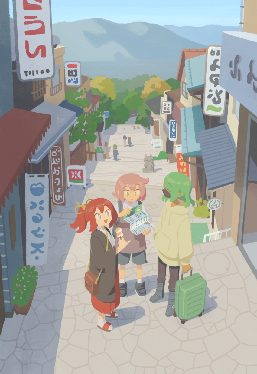 3girls backpack bag black_footwear black_jacket black_pants black_shorts blue_eyes city closed_eyes closed_mouth collared_shirt commentary_request dark_skin day food green_eyes green_hair hakama hand_in_pocket haori highres holding holding_food holding_suitcase hood hoodie jacket japanese_clothes long_hair long_sleeves looking_at_another looking_at_object looking_up mask mountainous_horizon mouth_mask muji_(uimss) multiple_girls open_mouth original outdoors pants pink_hair plant ponytail potted_plant red_hair red_hakama sandals scenery shirt short_hair short_sleeves shorts shoulder_bag socks stairs standing statue suitcase tree white_shirt white_socks wide_sleeves yellow_hoodie