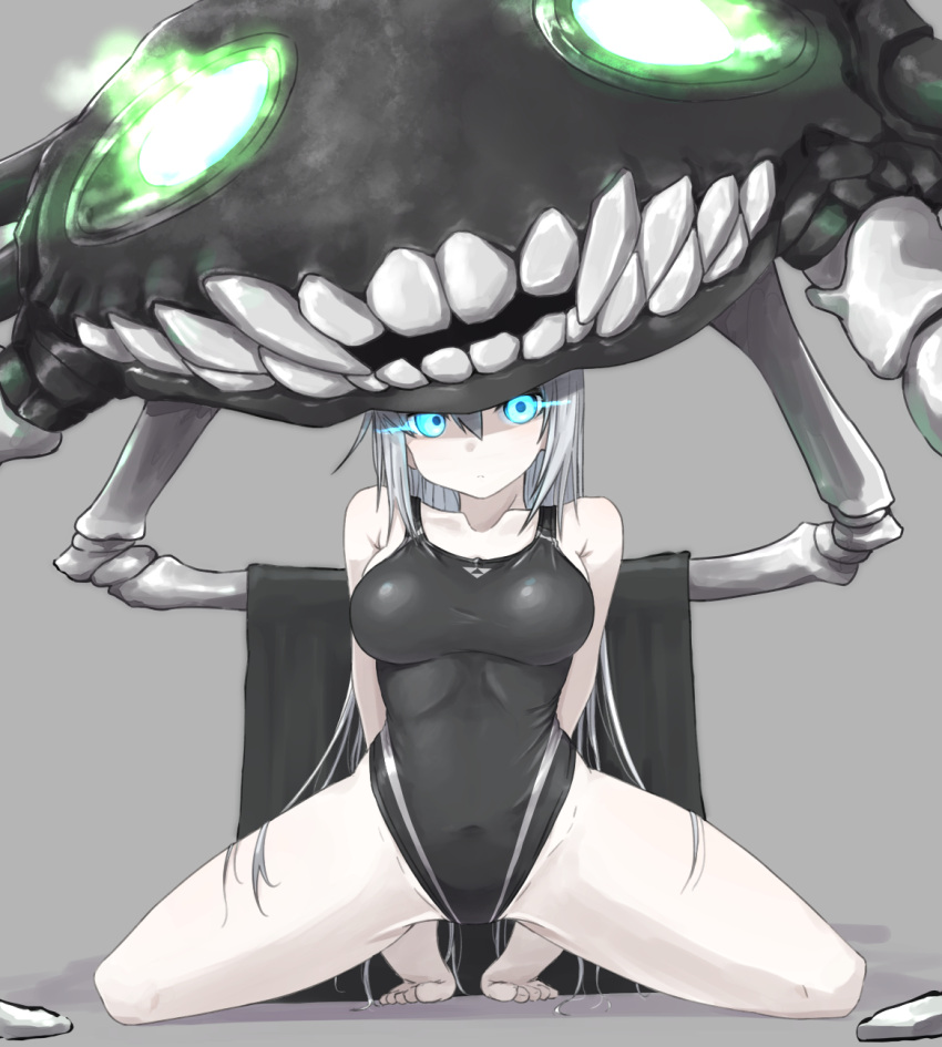 1girl abyssal_ship alternate_costume black_one-piece_swimsuit blue_eyes breasts competition_swimsuit covered_navel glowing glowing_eyes grey_hair highleg highleg_swimsuit highres kantai_collection large_breasts long_hair one-piece_swimsuit pale_skin solo spread_legs squatting swimsuit wo-class_aircraft_carrier zafuri_(yzrnegy)