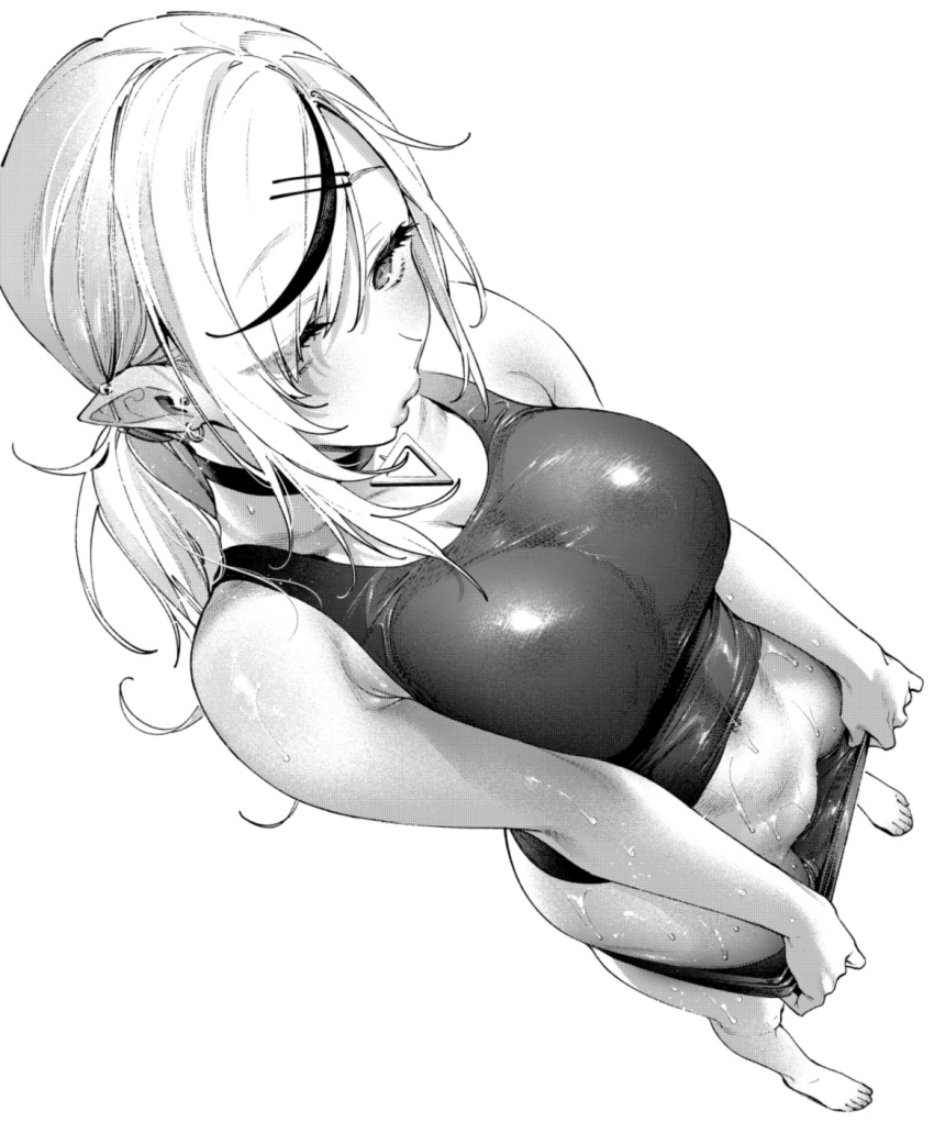 1girl barefoot blonde_hair breasts choker commentary_request ear_piercing earrings from_above greyscale hair_ornament hairclip highres hizuki_akira jewelry large_breasts long_hair looking_at_viewer monochrome original panties panty_pull piercing pointy_ears simple_background solo sweat tank_top thighs underwear white_background