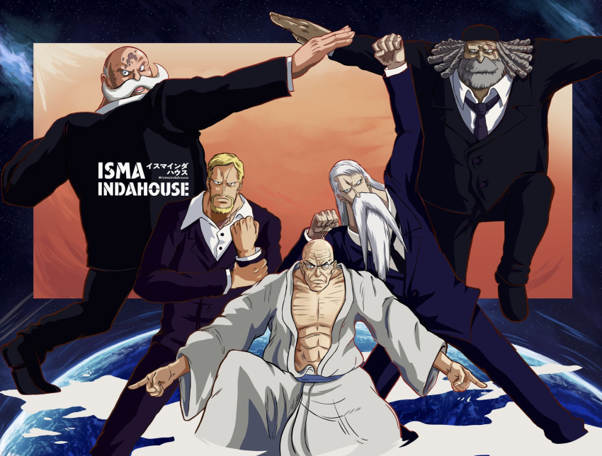 5boys artist_name bald beard birthmark black_necktie black_suit blonde_hair blue_suit clenched_hands closed_mouth dragon_ball dreadlocks earth_(planet) ethan-baron_v._nusjuro facial_hair glasses grey_hair highres holding_own_wrist ismaindahouse jaygarcia_saturn long_hair looking_at_viewer male_focus marcus_mars medium_hair multiple_boys necktie one_piece open_clothes open_mouth planet posing purple_necktie robe scar scar_across_eye scar_on_chest scene_reference serious shepherd_ju_peter shirt short_hair suit thick_mustache topman_warcury white_hair white_robe white_shirt