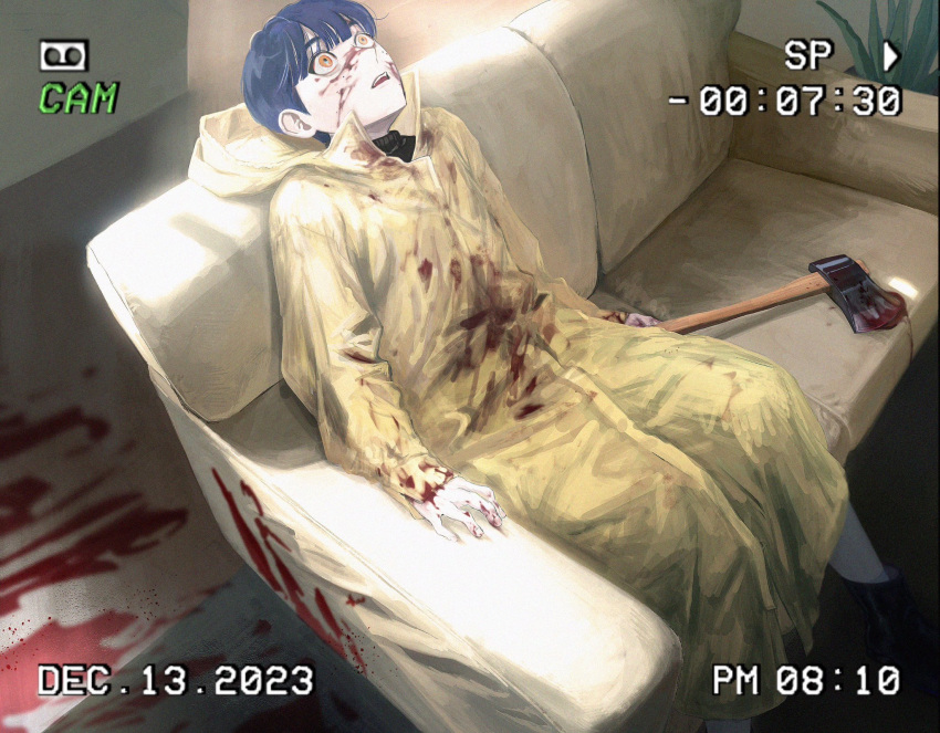 1boy axe black_sweater blood blood_on_clothes blood_on_face blood_on_ground blood_on_hands blood_on_weapon blue_hair blunt_bangs collared_coat couch dated head_back highres holding holding_axe horror_(theme) leaning_back looking_ahead looking_up male_focus on_couch orange_eyes original parted_lips riroi_(rntr_ll) short_hair sitting solo sweater turtleneck turtleneck_sweater upper_body viewfinder weapon wide-eyed yellow_raincoat