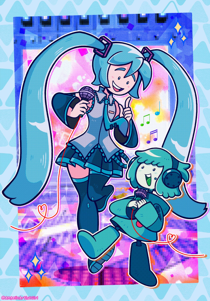 1girl 1other adventure_time angelic_artist_girl aqua_eyes aqua_footwear aqua_hair aqua_necktie black_skirt black_thighhighs bmo detached_sleeves frilled_shirt frills full_body grey_shirt hatsune_miku headphones highres holding holding_microphone humanization long_hair looking_at_another microphone miku_day miniskirt musical_note necktie pantyhose shirt short_hair skirt sleeveless sleeveless_shirt thighhighs twitter_username vocaloid wide_sleeves