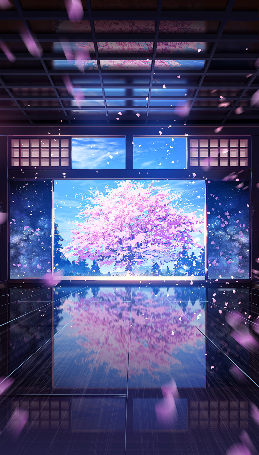 absurdres architecture blue_sky blurry cherry_blossoms cherry_tree cloud commentary_request depth_of_field east_asian_architecture fantasy highres indoors no_humans original pine_tree reflection reflective_floor scenery sky smile_(qd4nsvik) tree wooden_ceiling wooden_floor