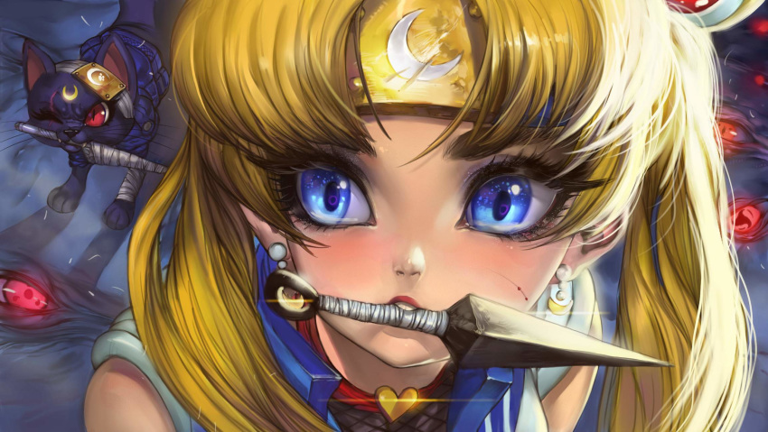 1girl animal bandages bangs bishoujo_senshi_sailor_moon blonde_hair blood blue_eyes blue_sailor_collar cat choker clothed_animal crescent crescent_earrings cuts derivative_work diadem different_shadow earrings english_commentary eyes facial_mark forehead_mark forehead_protector glowing glowing_eyes hair_over_shoulder heart heart_choker hector_enrique_sevilla_lujan highres injury jewelry kunai long_hair looking_at_viewer luna_(sailor_moon) magical_girl mouth_hold one-eyed parted_bangs portrait red_choker red_eyes sailor_collar sailor_moon sailor_moon_redraw_challenge sailor_senshi_uniform scar scar_across_eye screencap_redraw teeth tsukino_usagi twintails weapon