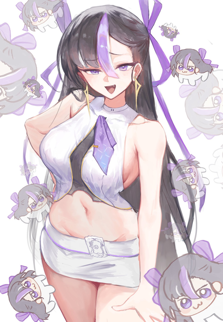 1girl alternate_breast_size alternate_form black_hair breasts crop_top doro_(nikke) earrings goddess_of_victory:_nikke highres jewelry long_hair miniskirt navel necktie phl293b_17 purple_eyes purple_necktie purple_ribbon ribbon sideboob skirt smug solo syuen_(nikke) triangle_earrings white_background