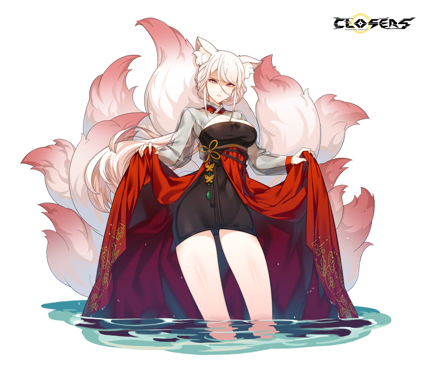 1girl alternate_hair_color angry animal_ear_fluff animal_ears black_dress blue_eyes breasts cleavage cleavage_cutout clenched_teeth closers clothing_cutout copyright_name cowboy_shot dress fox_ears fox_girl fox_tail frown harpy_(closers) highres kitsune kyuubi large_breasts layered_dress logo long_hair long_sleeves looking_at_viewer low_ponytail mole mole_under_eye multiple_tails official_art overskirt pink_tail red_dress see-through see-through_sleeves shaded_face skirt_hold solo standing tail teeth two-tone_dress v-shaped_eyebrows very_long_hair wading water wet white_background white_hair