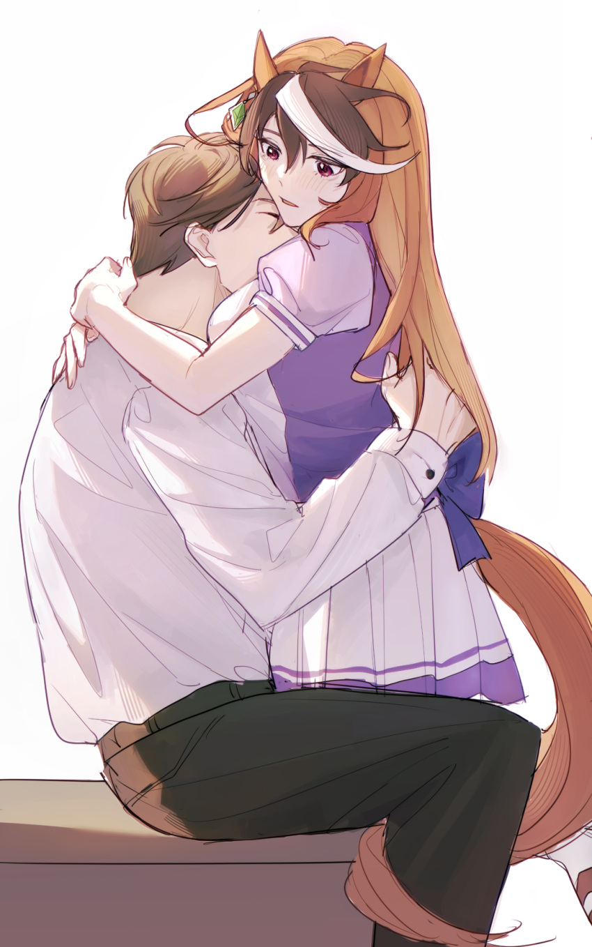 1boy 1girl animal_ears brown_hair closed_eyes earrings hair_between_eyes highres horse_ears horse_girl horse_tail hug jewelry koibamboo long_hair long_sleeves multicolored_hair pleated_skirt puffy_short_sleeves puffy_sleeves purple_eyes purple_shirt sailor_collar sailor_shirt school_uniform shirt short_sleeves simple_background single_earring sitting skirt streaked_hair symboli_rudolf_(umamusume) tail tail_wrap tracen_school_uniform trainer_(umamusume) two-tone_hair umamusume white_background white_hair white_shirt white_skirt