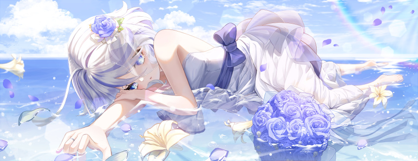 1girl absurdres ahoge bare_arms bare_shoulders barefoot blue_eyes blue_flower blue_hair blue_petals blue_ribbon blue_rose blue_sky bouquet cloud cloudy_sky commentary commentary_request day dress flower flower_request furina_(genshin_impact) genshin_impact hair_flower hair_ornament hand_on_own_arm highres jewelry leegh19769 light_blue_hair looking_at_viewer multicolored_hair parted_lips ribbon ring rose see-through sky soles solo sunlight tearing_up veil water white_dress white_flower white_hair