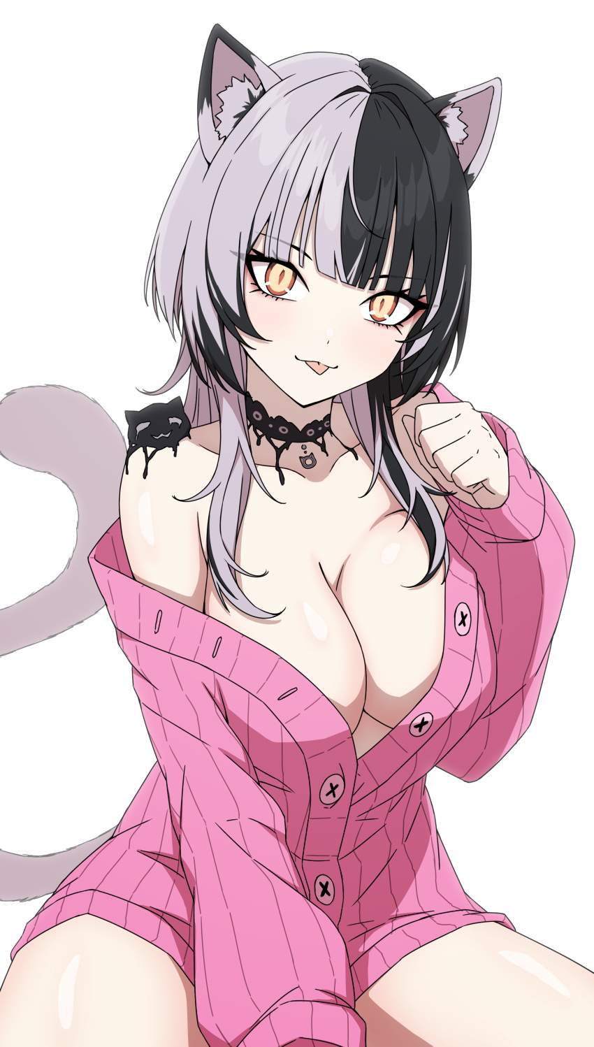 1girl absurdres animal_ear_fluff animal_ears black_choker black_hair breasts cat_ears cat_girl cat_tail choker cleavage daydarion dog_ears dog_tail grey_hair highres hololive hololive_english kemonomimi_mode lace-trimmed_choker lace_trim large_breasts long_hair looking_at_viewer multicolored_hair open_mouth paw_pose pink_shirt shiori_novella shirt smile solo split-color_hair tail tongue tongue_out unbuttoned unbuttoned_shirt virtual_youtuber white_hair yellow_eyes yorick_(shiori_novella)