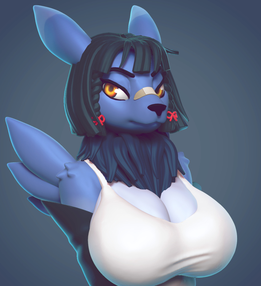 3d_(artwork) anthro armwear bandai_namco big_breasts blue_body blue_fur breasts canid canine chunkerbuns clothed clothing digimon digimon_(species) digital_media_(artwork) female fur hair hi_res huge_breasts mammal neck_tuft renamon simple_background solo tuft verin_asper white_body white_fur