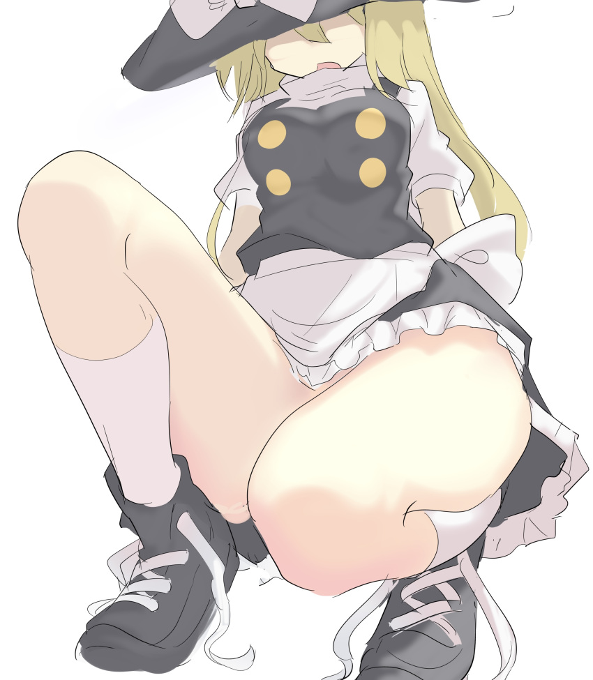 1girl absurdres alternate_footwear apron black_footwear black_hat black_shirt black_vest blonde_hair bow breasts close-up commentary_request faceless full_body hat hat_bow highres kirisame_marisa long_hair looking_down medium_breasts open_mouth shirt shoelaces shoes short_sleeves simple_background skirt socks solo squatting thick_thighs thighs touhou turtleneck turtleneck_shirt vest waist_apron white_apron white_background white_bow white_socks witch_hat youmu-kun