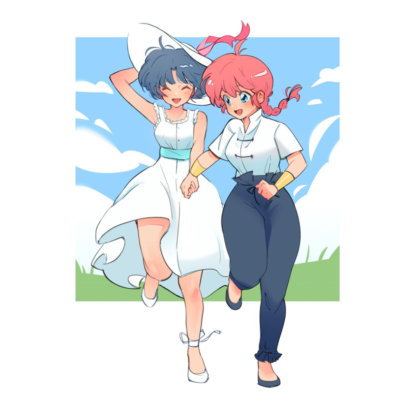 2girls black_footwear blue_eyes blue_hair blush breasts closed_eyes cloud cloudy_sky couple dress grass highres holding_hands mariadraws97 multiple_girls open_mouth ranma-chan ranma_1/2 red_hair short_hair sky tendou_akane white_dress white_footwear