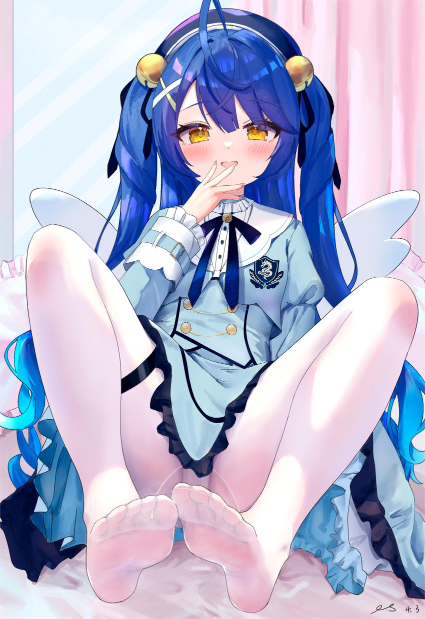 1girl absurdres ahoge amamiya_kokoro amamiya_kokoro_(1st_costume) bell blue_corset blue_dress blue_hair blush chris_preston corset dress feet frills hair_bell hair_ornament hat highres indoors jingle_bell long_hair looking_at_viewer mini_wings nijisanji no_shoes open_mouth panties pantyhose puffy_sleeves revision ribbon smile soles solo toes underwear virtual_youtuber white_panties white_pantyhose wings x_hair_ornament yellow_eyes