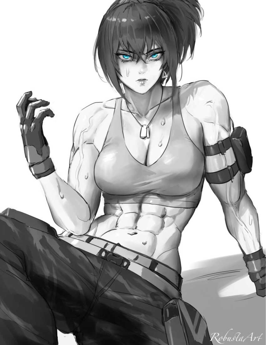 1girl abs armlet bare_shoulders belt blue_eyes breasts dog_tags gloves glowing glowing_eyes greyscale highres leona_heidern monochrome muscular muscular_female navel orochi_leona ponytail robusta_mania sitting sleeveless soldier tank_top the_king_of_fighters toned veins veiny_arms